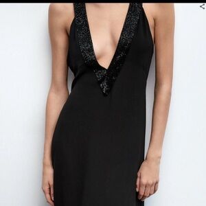 ZARA WOMEN'S V-NECK OPEN BACK APPLIQUE LONG BEADED DRESS BLACK NEW 5919/906 SZ S